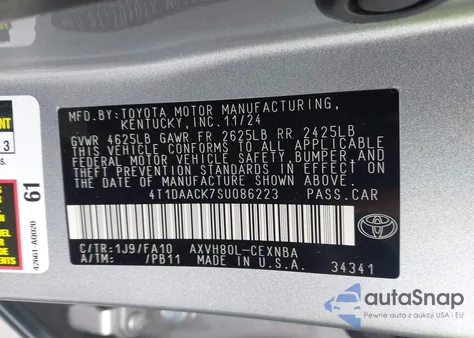 2025 Toyota Camry Le z USA, uszkodzony, nr VIN 4T1DAACK7SU086223